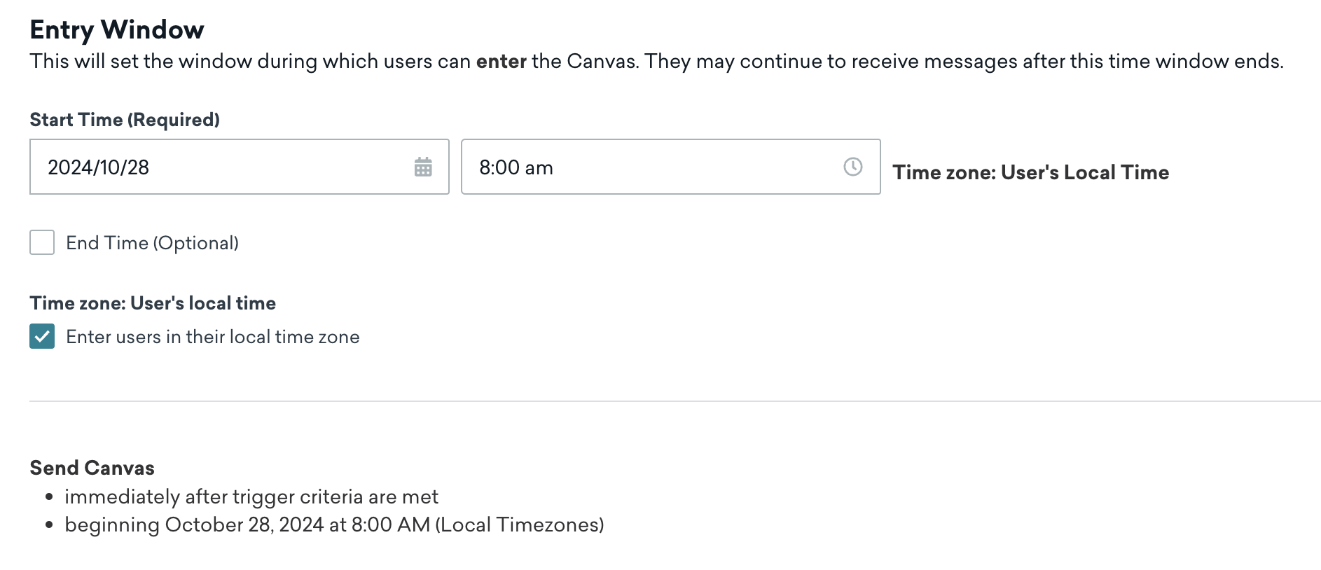 Uma janela de entrada com horário de início em 28 de outubro de 2024, às 8 horas. Os usuários digitarão essa mensagem em seu fuso local.