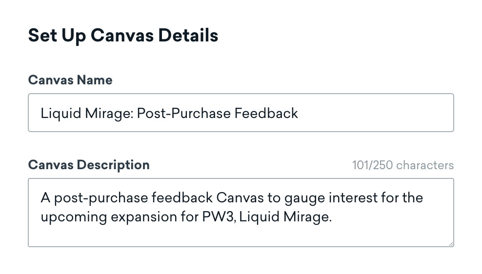 O novo nome e a descrição do Canva. A nova descrição indica: 'Uma tela de feedback pós-compra para avaliar o interesse na próxima expansão do PWD3, Liquid Mirage.'