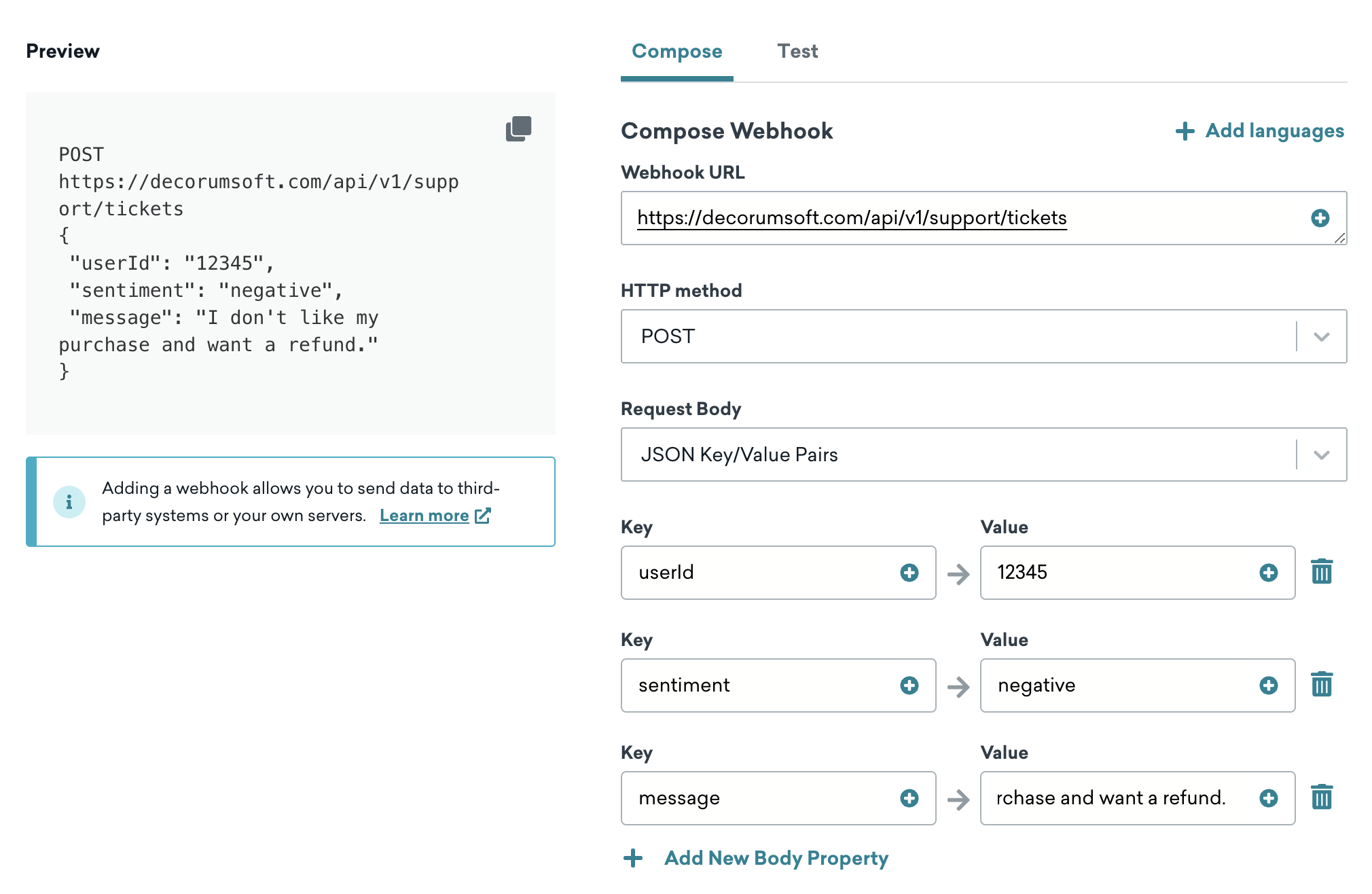 Um webhook que cria casos de suporte para clientes que têm um sentimento negativo e querem um reembolso pela compra do Proxy War 3.