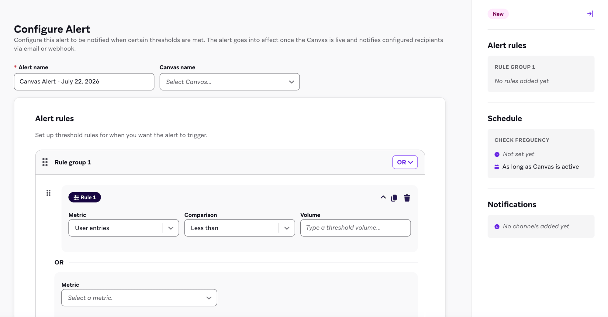 O painel Configurar alerta mostrando os campos de nome do alerta e nome do Canvas, um grupo de regras vazio e uma barra lateral de resumo para regras de alerta, cronograma e notificações.