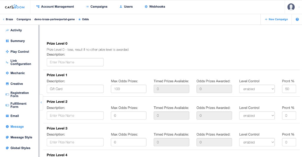 Página Odds da CataBoom com níveis de prêmio, porcentagens e controles de nível.