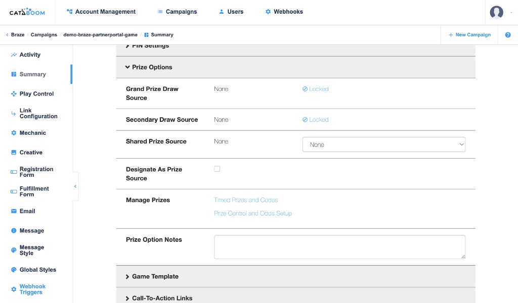 Página Summary da CataBoom com a seção Prize Options expandida.