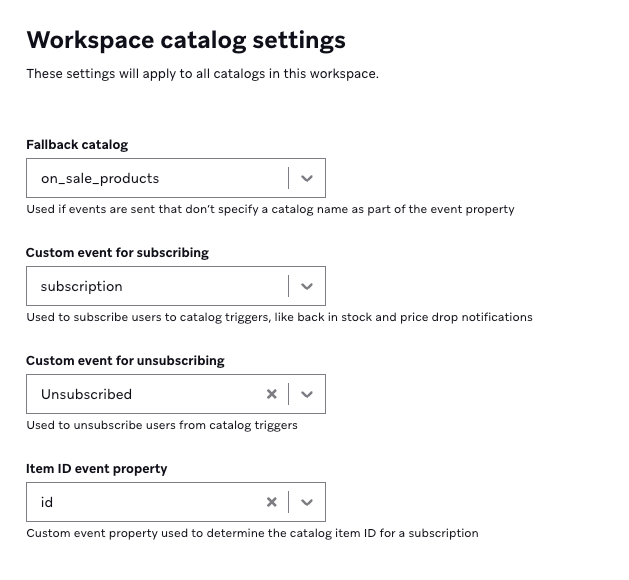 Gaveta de configurações do catálogo.