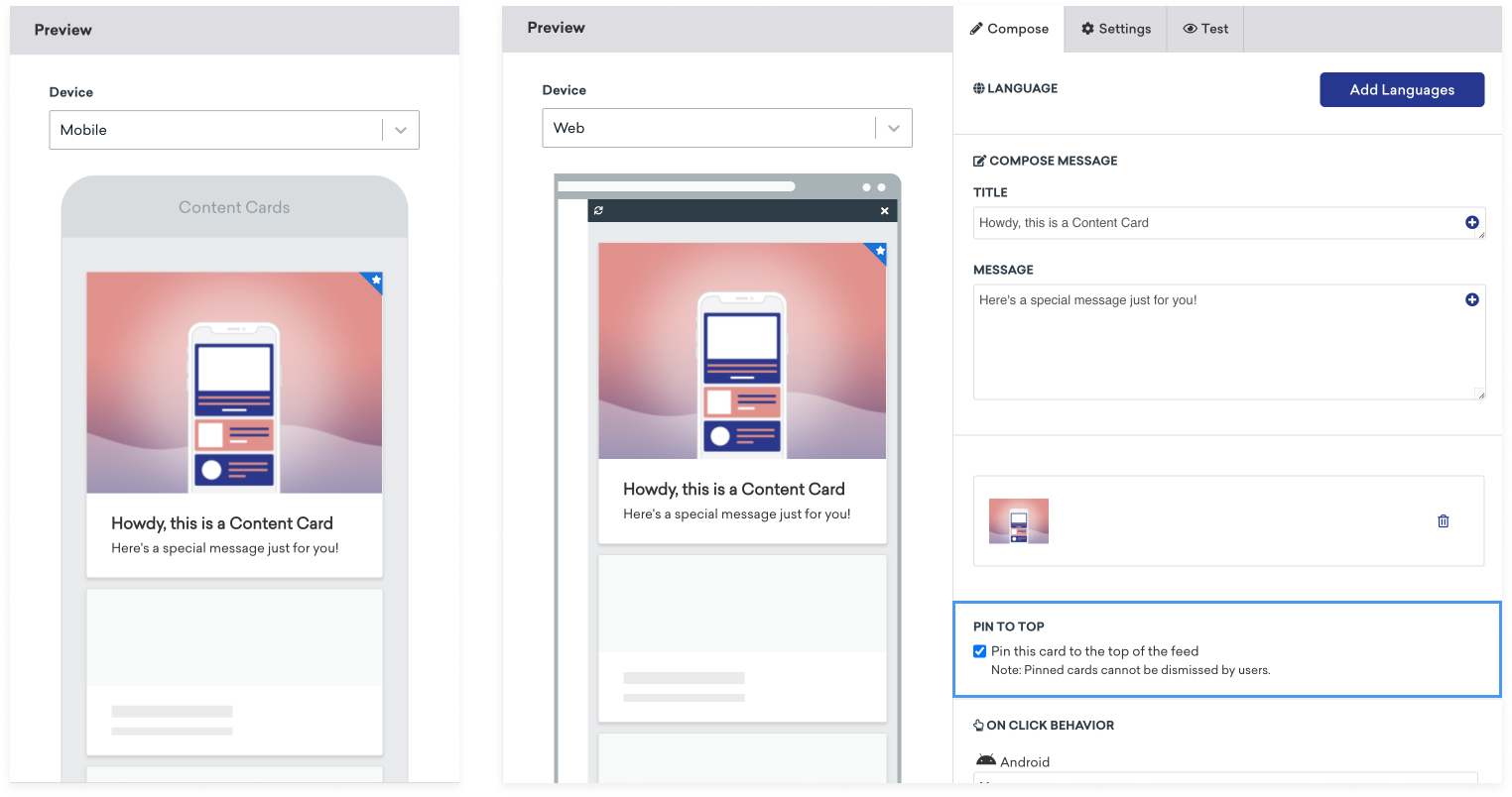 Lado a lado da prévia do cartão de conteúdo na Braze para Mobile e Web com a opção "Fixar este cartão no topo do feed" selecionada.