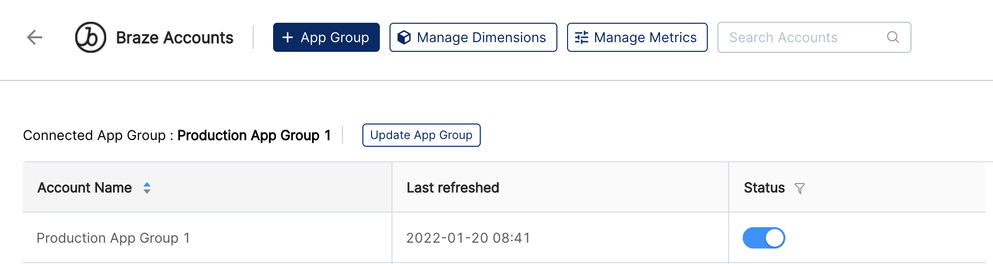 Em "Braze Accounts" (Contas Braze), você encontrará uma lista de espaços de trabalho conectados.