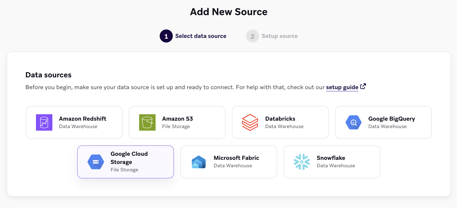 A tela "Add New Source" com Google Cloud Storage selecionado na lista de fontes de dados.