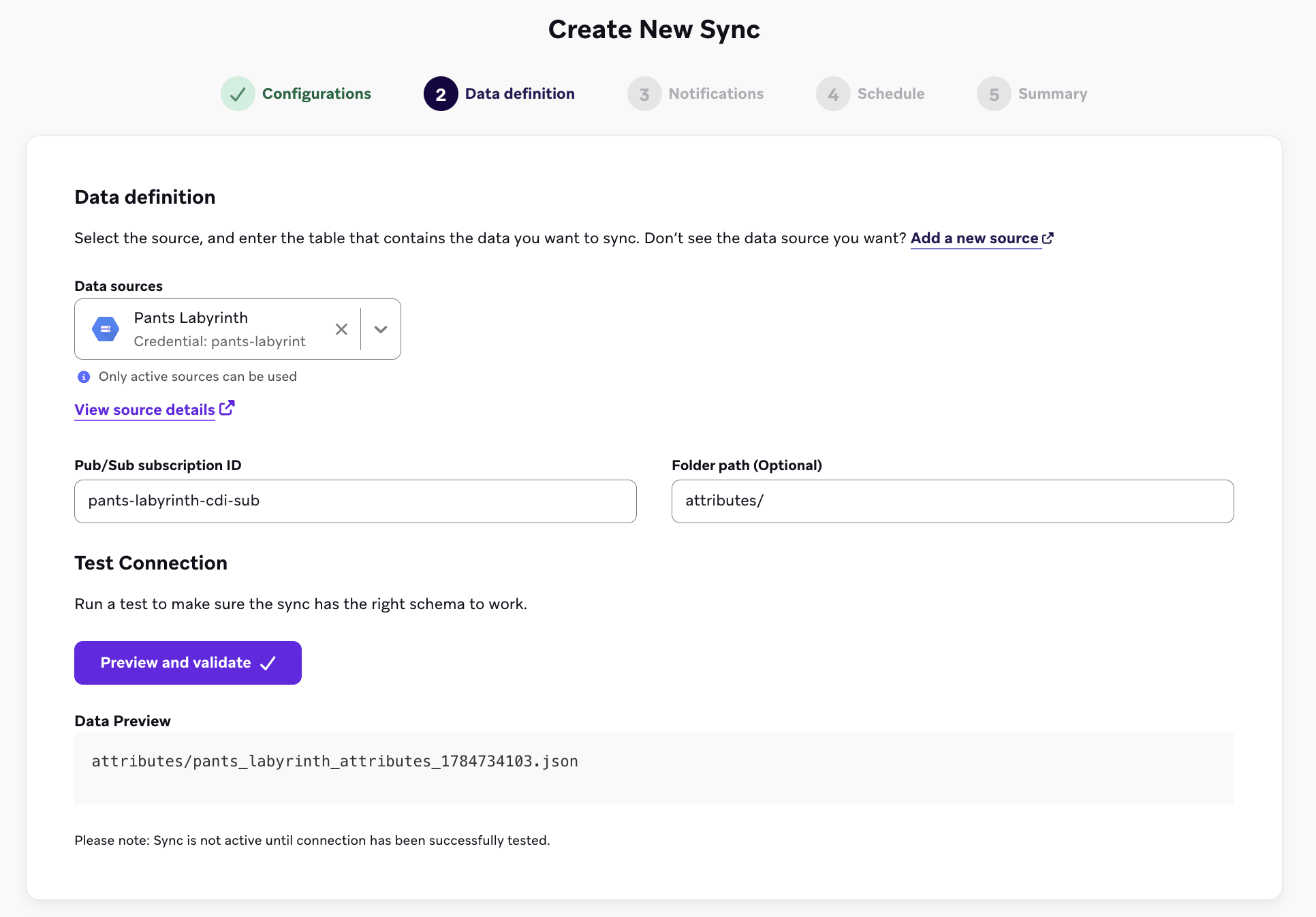 O formulário de sincronização do Google Cloud Storage mostrando os campos Pub/Sub subscription ID e folder path.