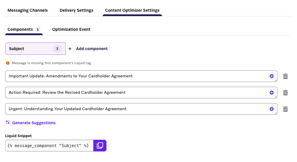 Interface de configurações do Content Optimizer mostrando opções para adicionar e configurar componentes de conteúdo para otimização de e-mail. Cada componente tem campos de entrada para inserir diferentes variantes. O texto visível inclui nomes de componentes e campos para inserir texto de variante.