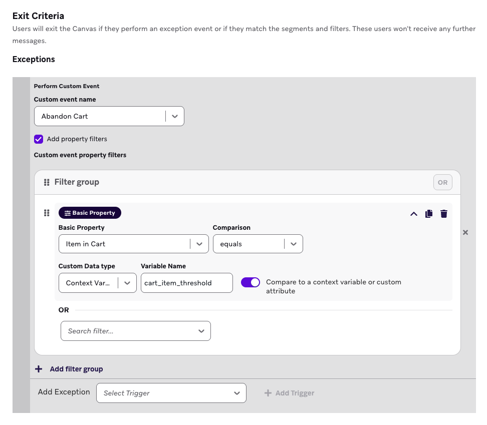 Critérios de saída configurados para sair de um usuário se ele realizar um evento personalizado com base na variável de contexto.