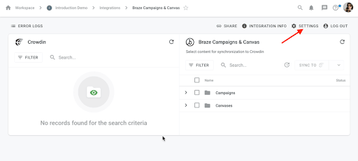 Tela da integração Braze Campaigns & Canvas com Settings na barra de ações superior.