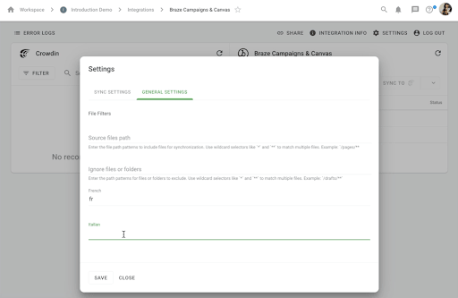 Modal de configurações na guia General Settings, mostrando campos de filtro de arquivo e linhas de mapeamento de idiomas (por exemplo, francês mapeado para fr).