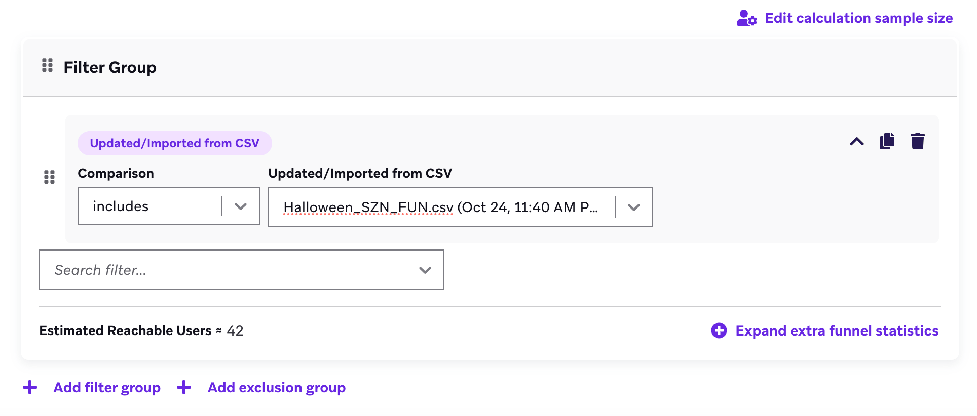 Um grupo de filtros com o filtro "Updated/Imported from CSV" (Atualizado/Importado de CSV), incluindo um arquivo CSV intitulado "Halloween season fun" (Diversão da temporada de Halloween).