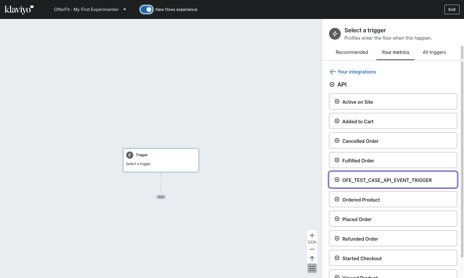 Um exemplo de nome de métrica que corresponde ao nome do evento de gatilho "OFE_TEST_CASE_API_EVENT_TRIGGER".