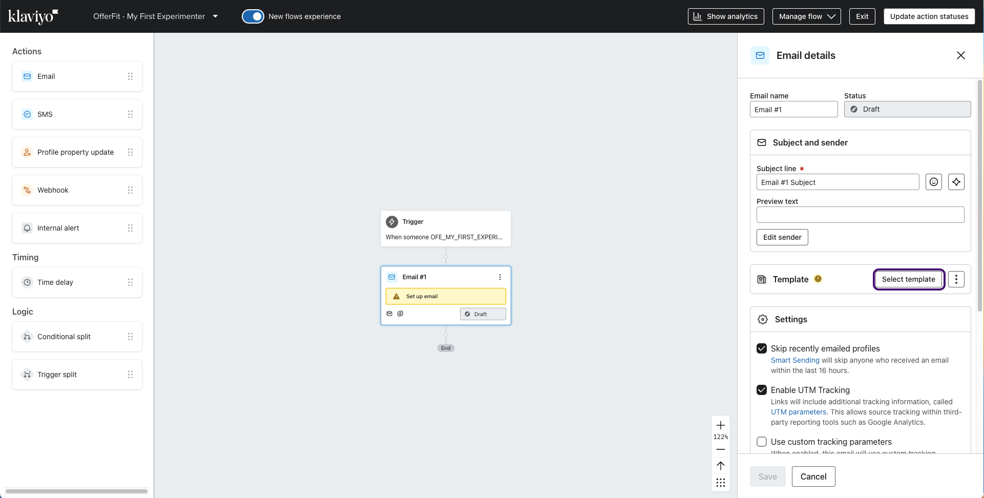 Opção "Select template" (Selecionar modelo) na seção "Email details" (Detalhes do e-mail).