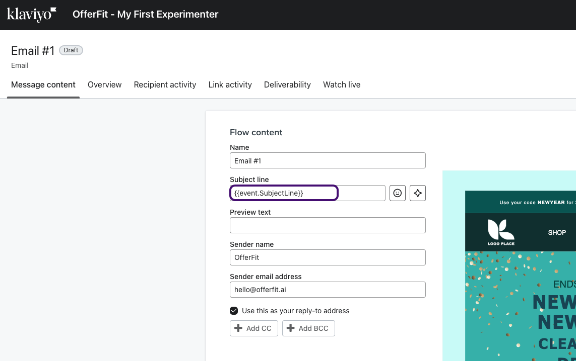Um exemplo de linha de assunto, nome do remetente e endereço de e-mail do remetente para "E-mail 1".