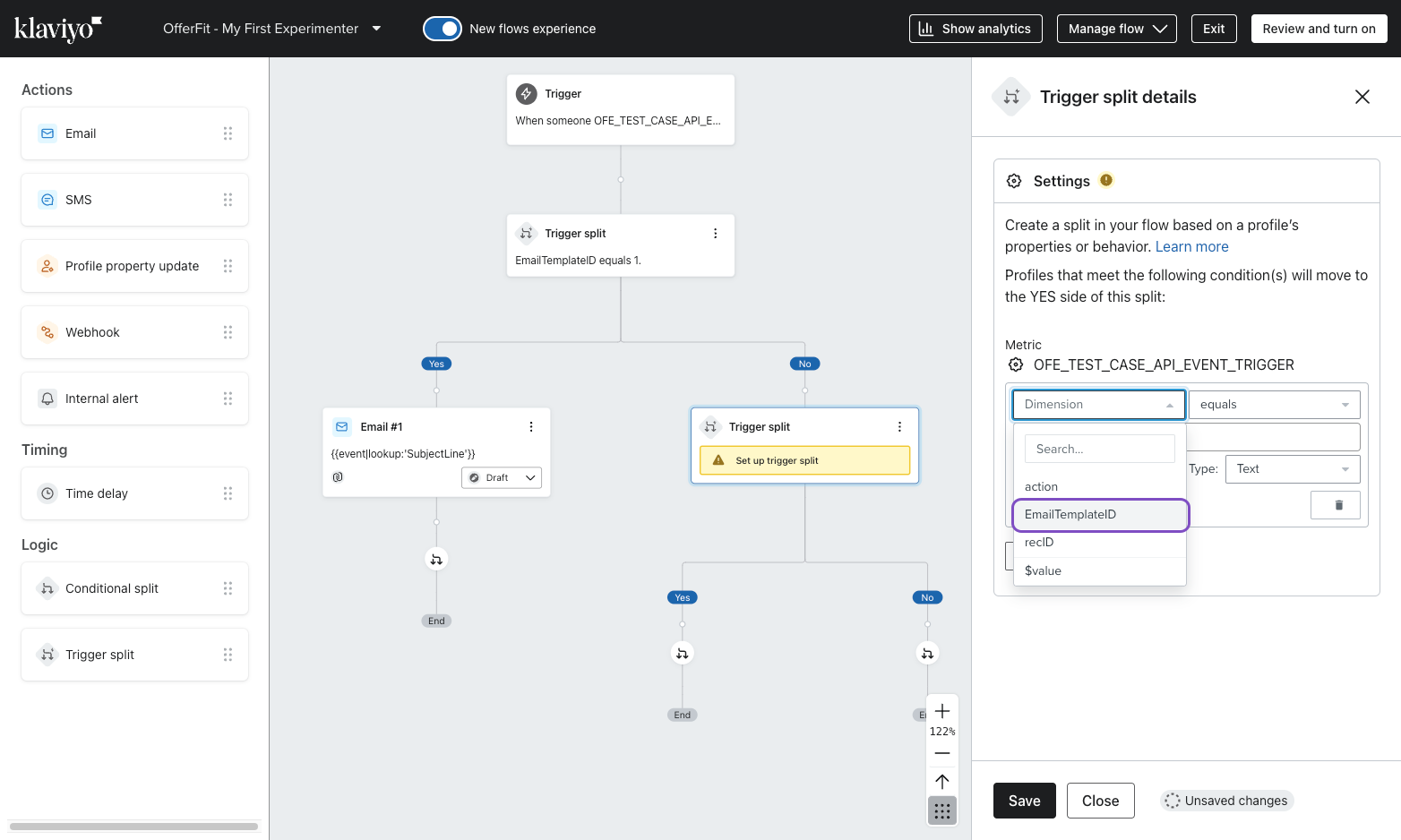 Diagrama de um editor de fluxo do Klaviyo mostrando um nó Trigger que leva a uma divisão Trigger. A divisão do disparador tem um ramo Sim que leva a um nó de e-mail e um ramo Não que se conecta a outra divisão do disparador que leva a nós de e-mail adicionais.