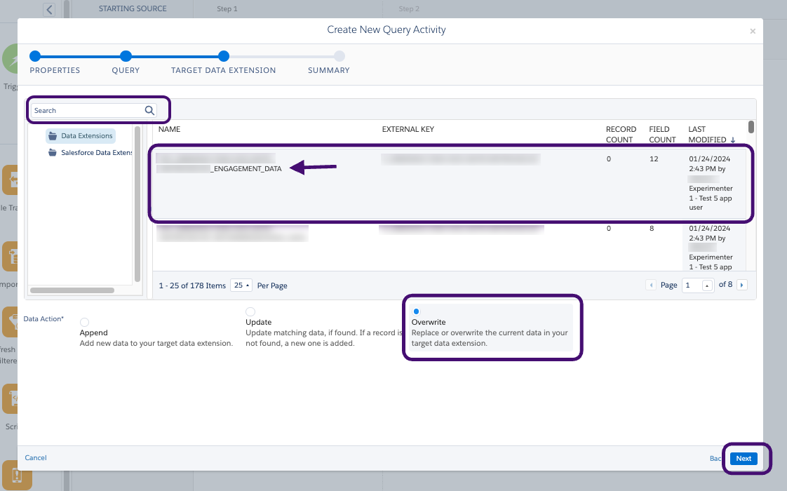 O nome da extensão de dados que corresponde à chave externa de exemplo.