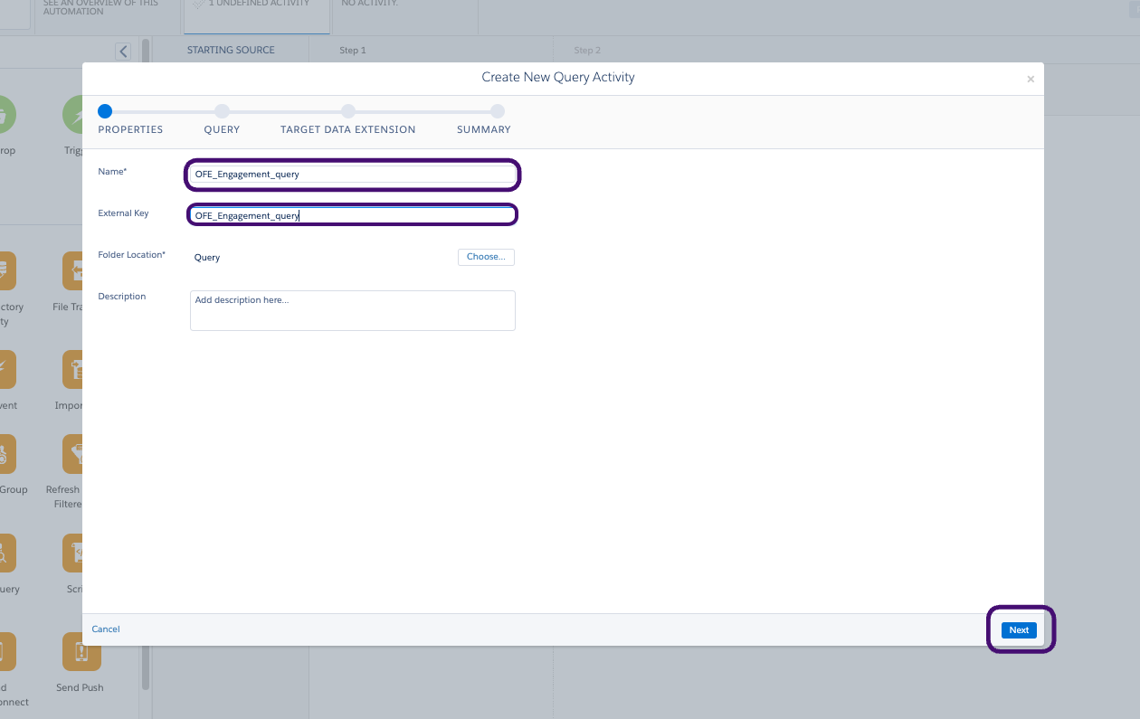 Um exemplo "OFE_Engagement_query" e a chave externa.