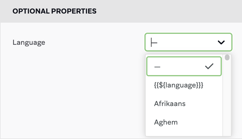Configuração do valor "Language" (Idioma) para um e-mail.