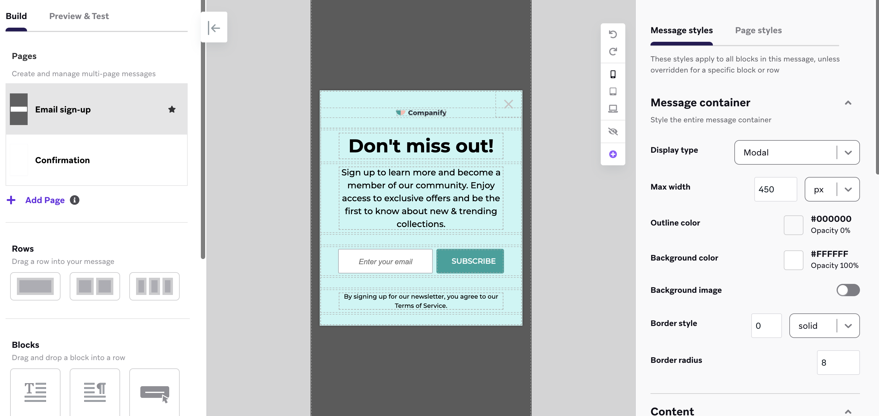 O editor de mensagens no app com o modelo de um formulário de envio de e-mail com página de confirmação.