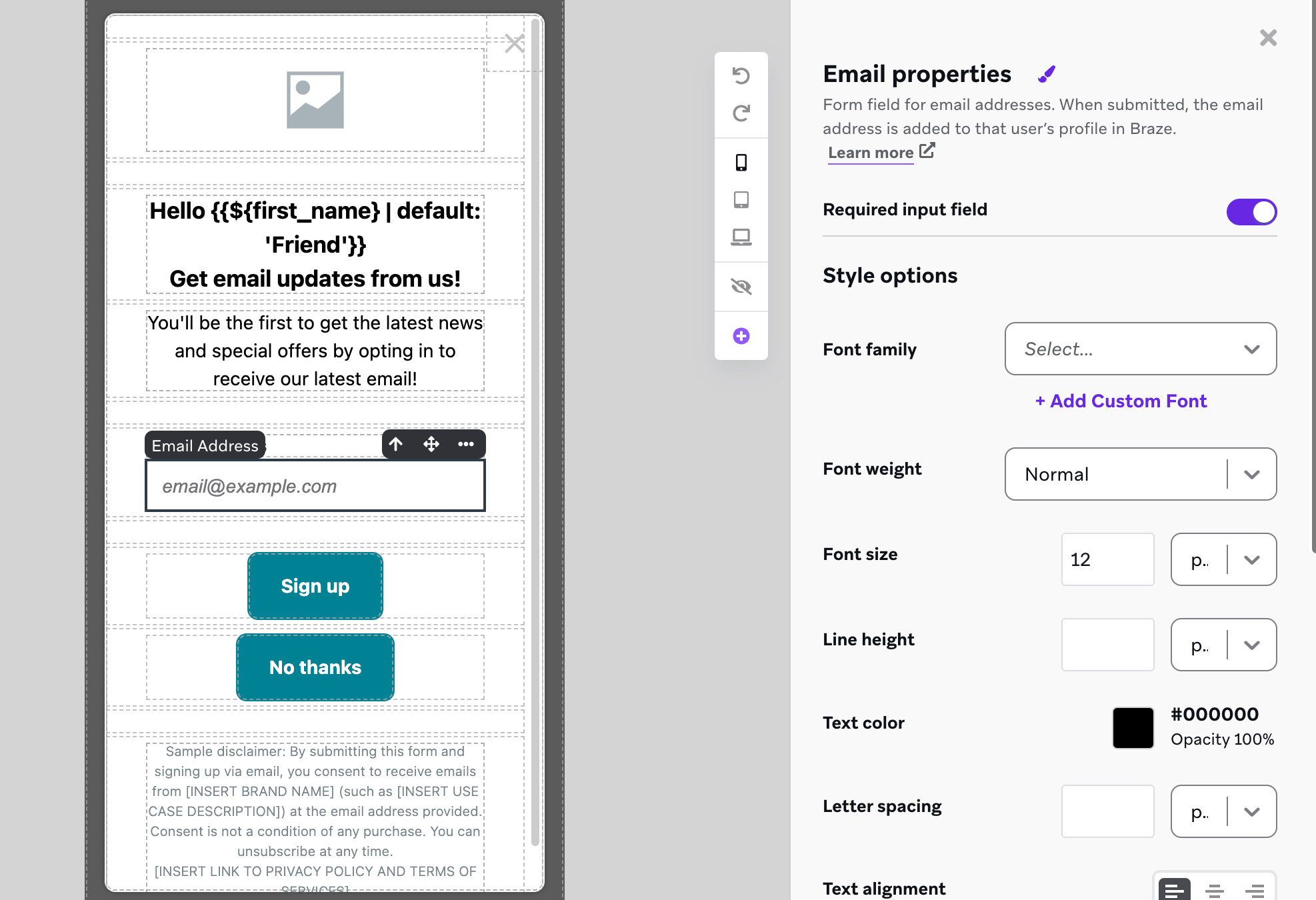 O editor de mensagens no app com um menu lateral para personalizar o elemento de captura de e-mail.