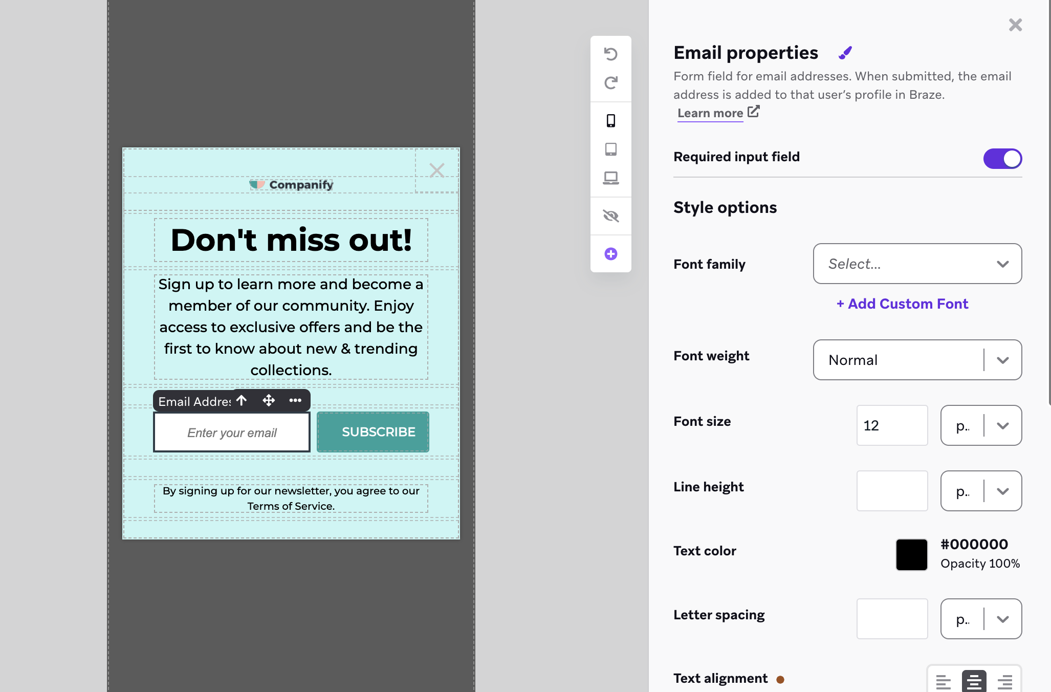 O editor de mensagens no app com um menu lateral para personalizar o elemento de captura de e-mail.