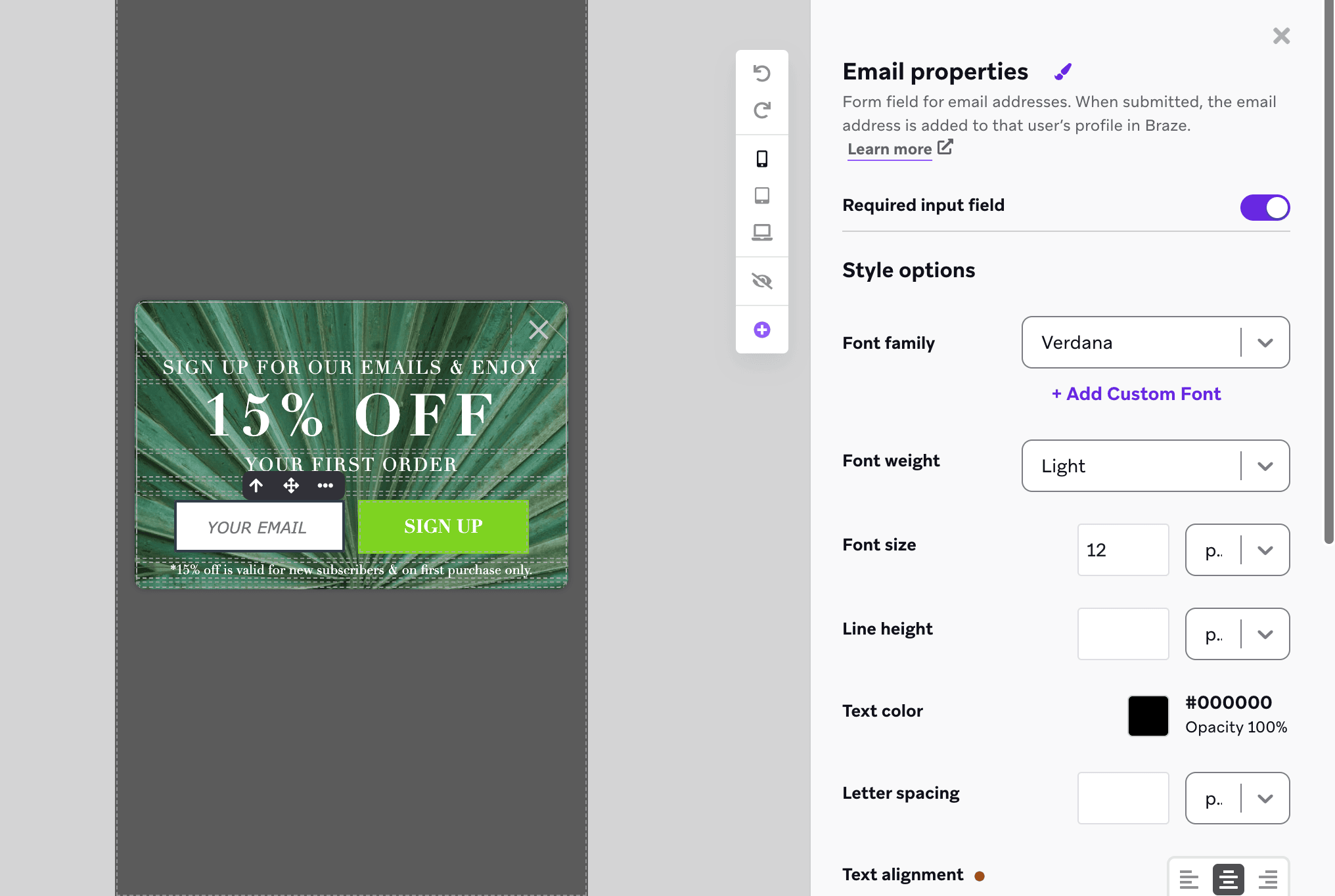 O editor de mensagens no app com um menu lateral para personalizar o elemento de captura de e-mail.