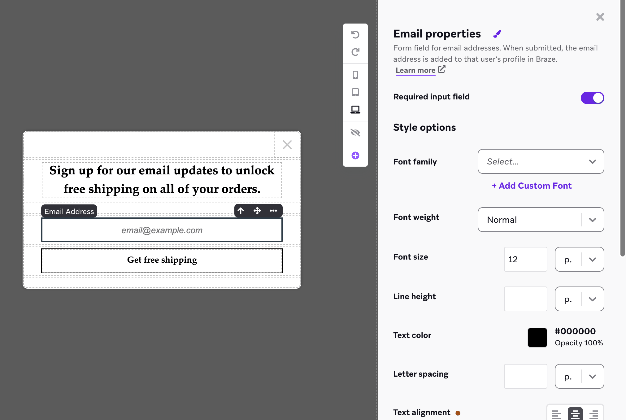 O editor de mensagens no app com um menu lateral para personalizar o elemento de captura de e-mail.