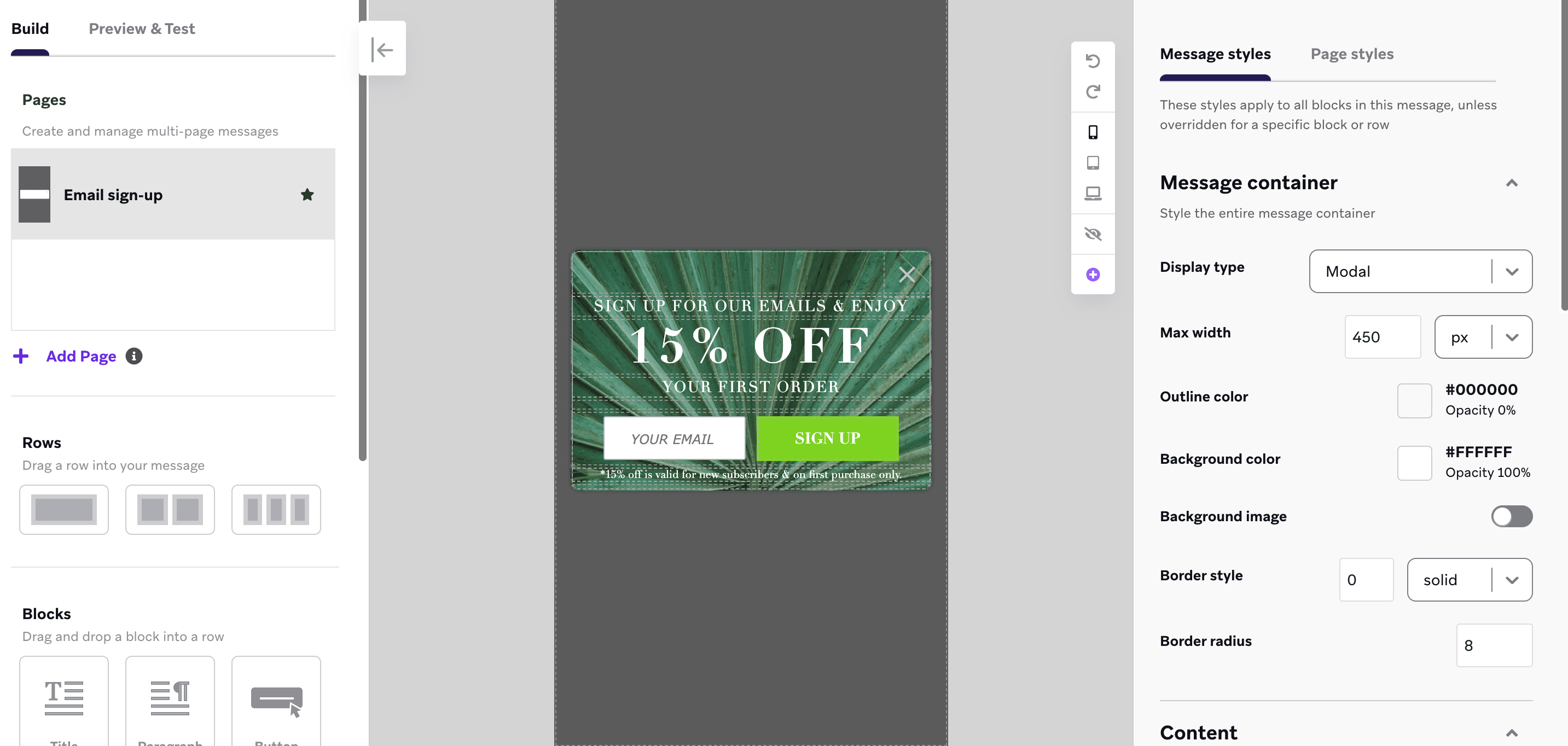 O editor de mensagens no app com o modelo para um formulário de inscrição de e-mail com imagem de fundo.