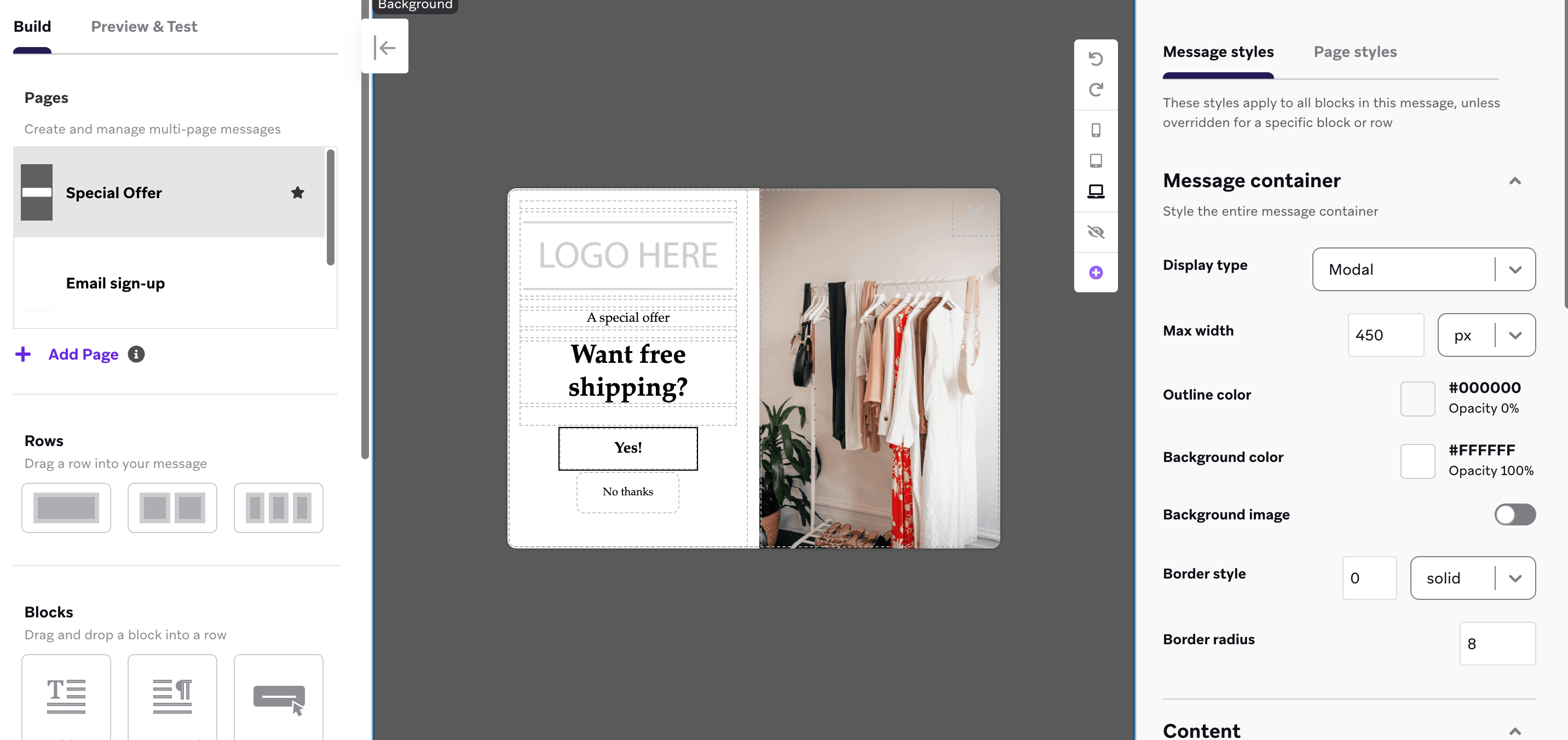 O editor de mensagens no app com o modelo para um formulário de cadastro de e-mail com oferta especial.