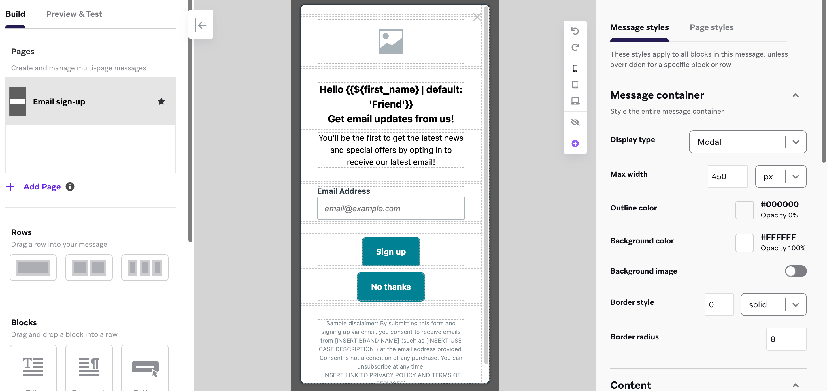 O editor de mensagens no app com o modelo para um formulário de captura de e-mail.