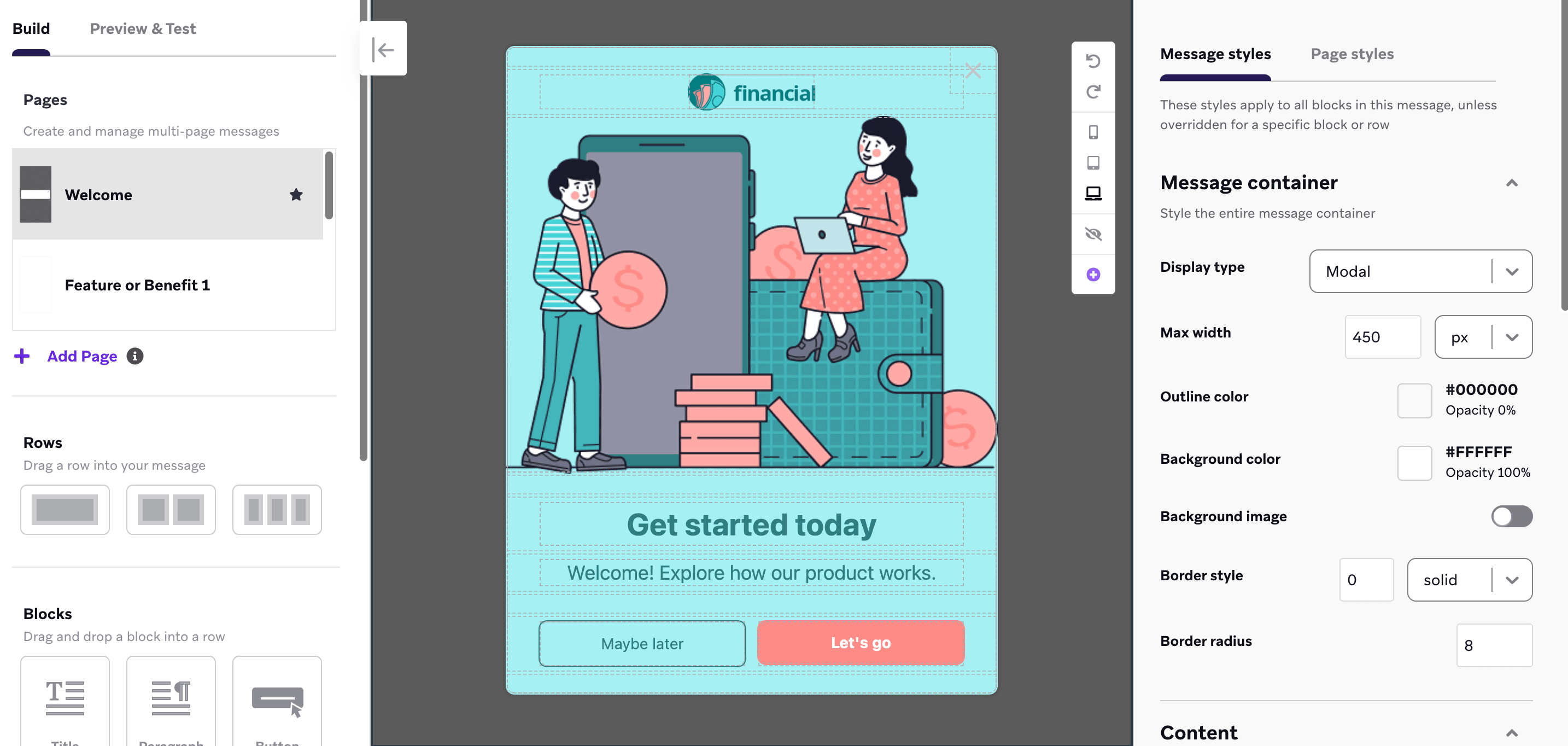 O editor de mensagens no app com o modelo de fluxo de integração.