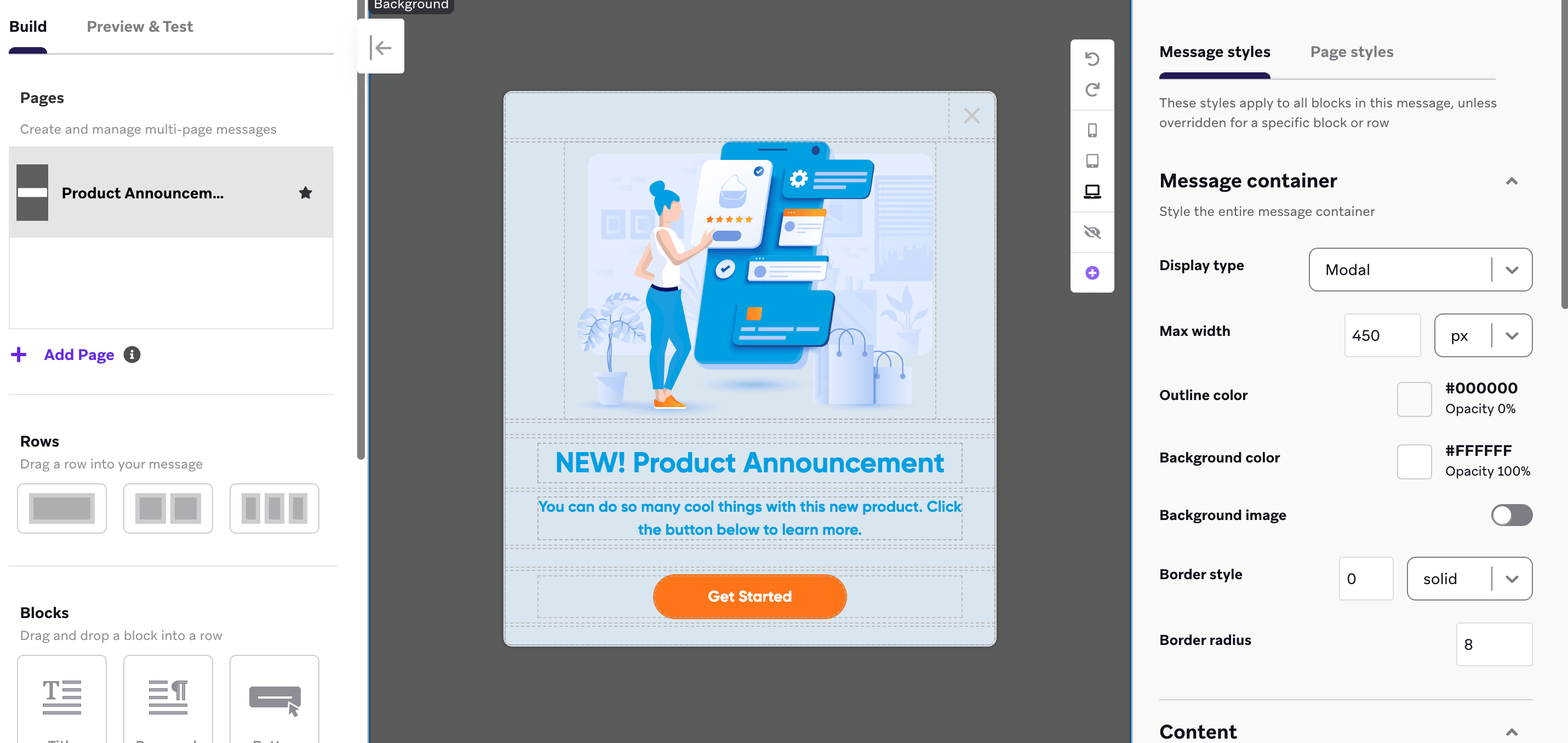 O editor de mensagens no app com o modelo para um anúncio de produto.
