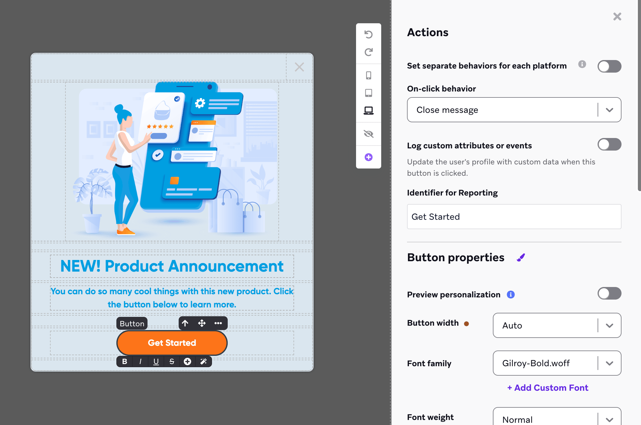 O editor de mensagens no app com um menu lateral para personalizar o elemento de botão.