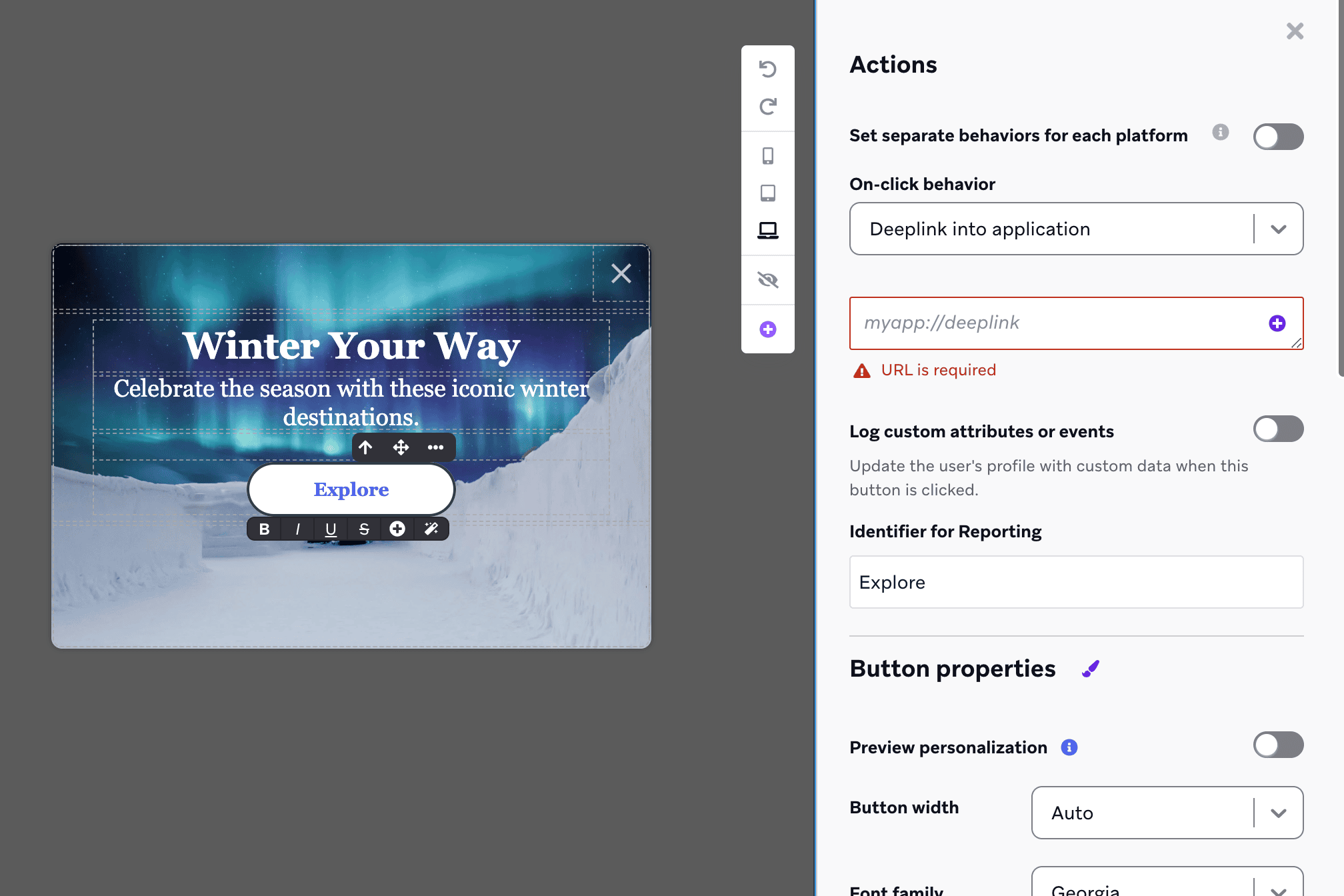 O editor de mensagens no app com um menu lateral para personalizar o elemento de botão.