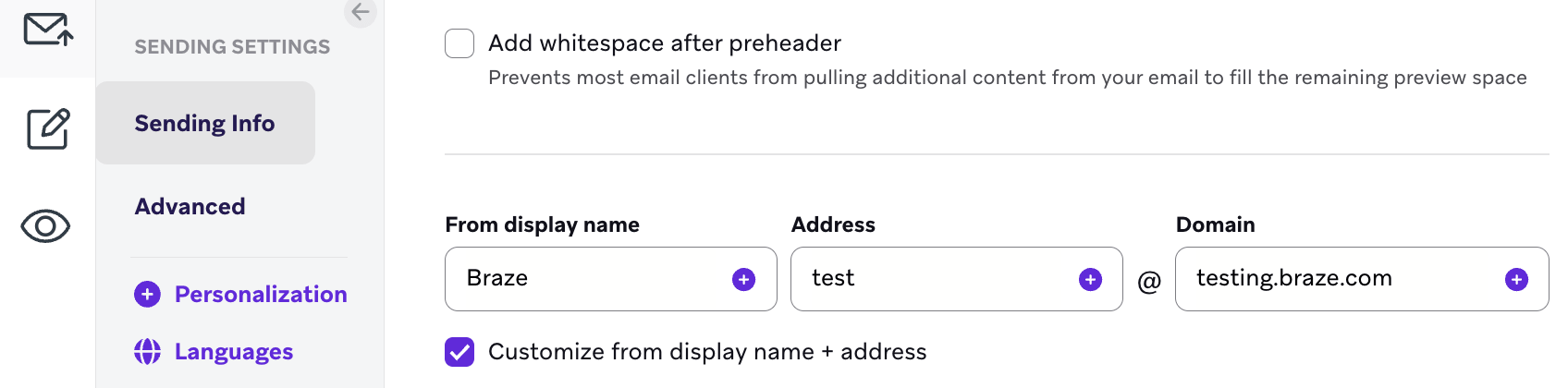 Configurações de envio com campos para personalizar o nome de exibição do remetente, endereço e domínio.