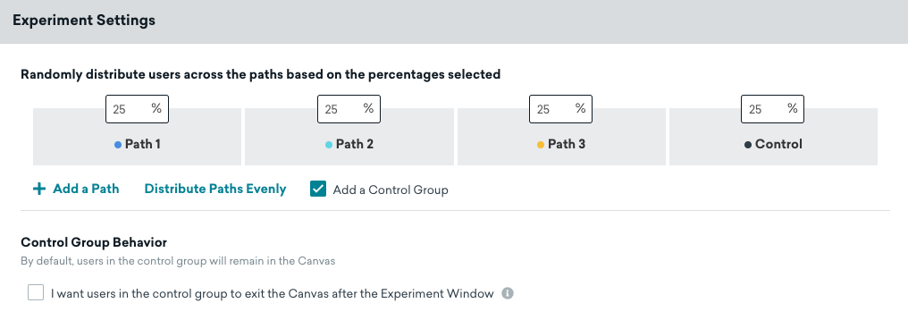 Configurações de Experimento onde você pode adicionar jornadas e distribuir a porcentagem de usuários em cada jornada.