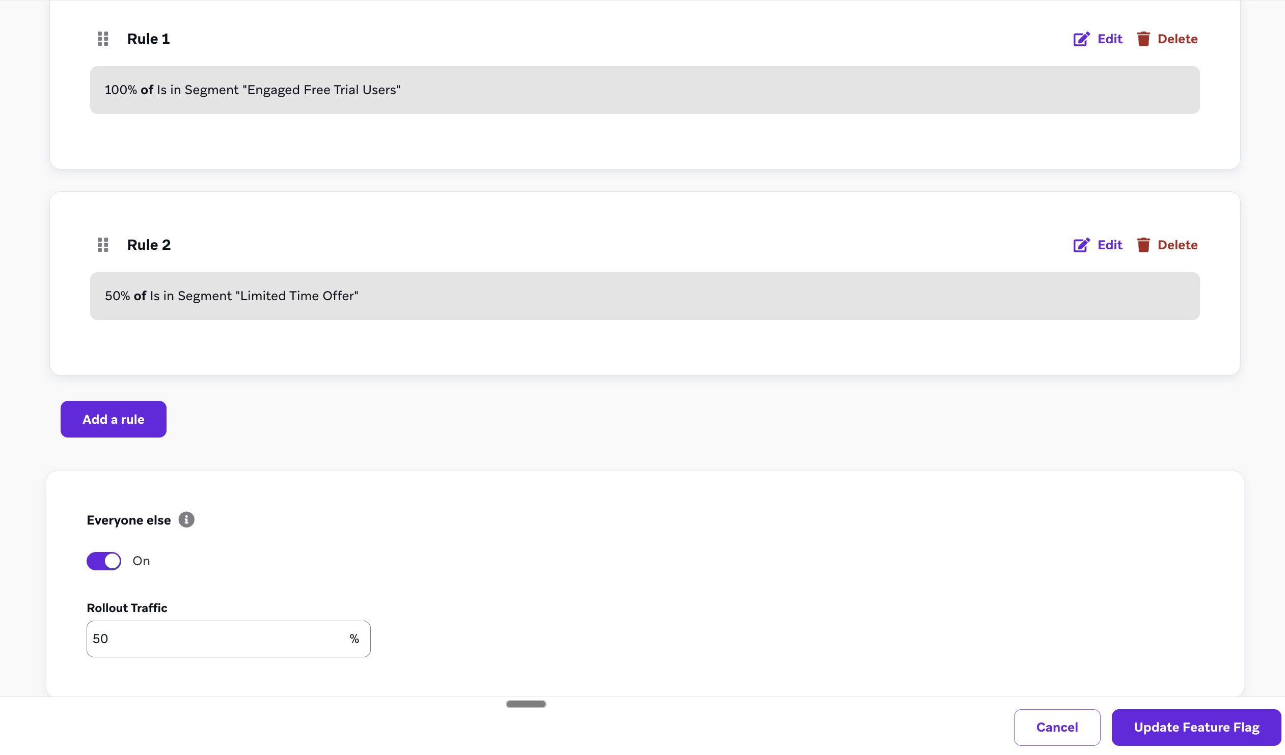 Uma imagem mostrando um resumo de um Feature Flag com várias regras adicionadas e uma regra para todos os outros.