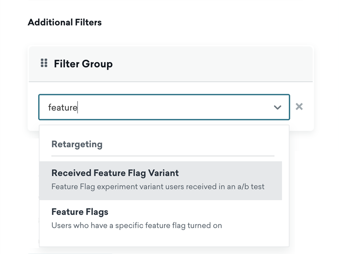 A página "Target" (Alvo) em um experimento de feature flag com "Received Feature Flag Variant" (Variante de Feature Flag Recebida) destacada na barra de pesquisa do grupo de filtros.
