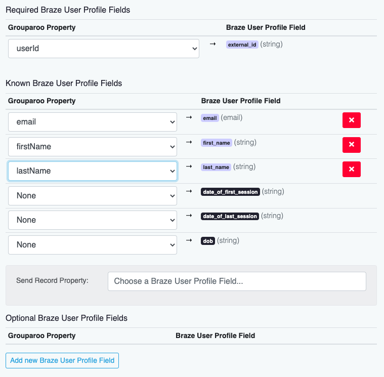 Exemplo de campos de mapeamento de propriedades. O userID do Grouparoo é definido para mapear para external_id. e-mail, firstName e lastName são definidos como campos equivalentes de "e-mail", "first_name" e "last_name" do Grouparoo.