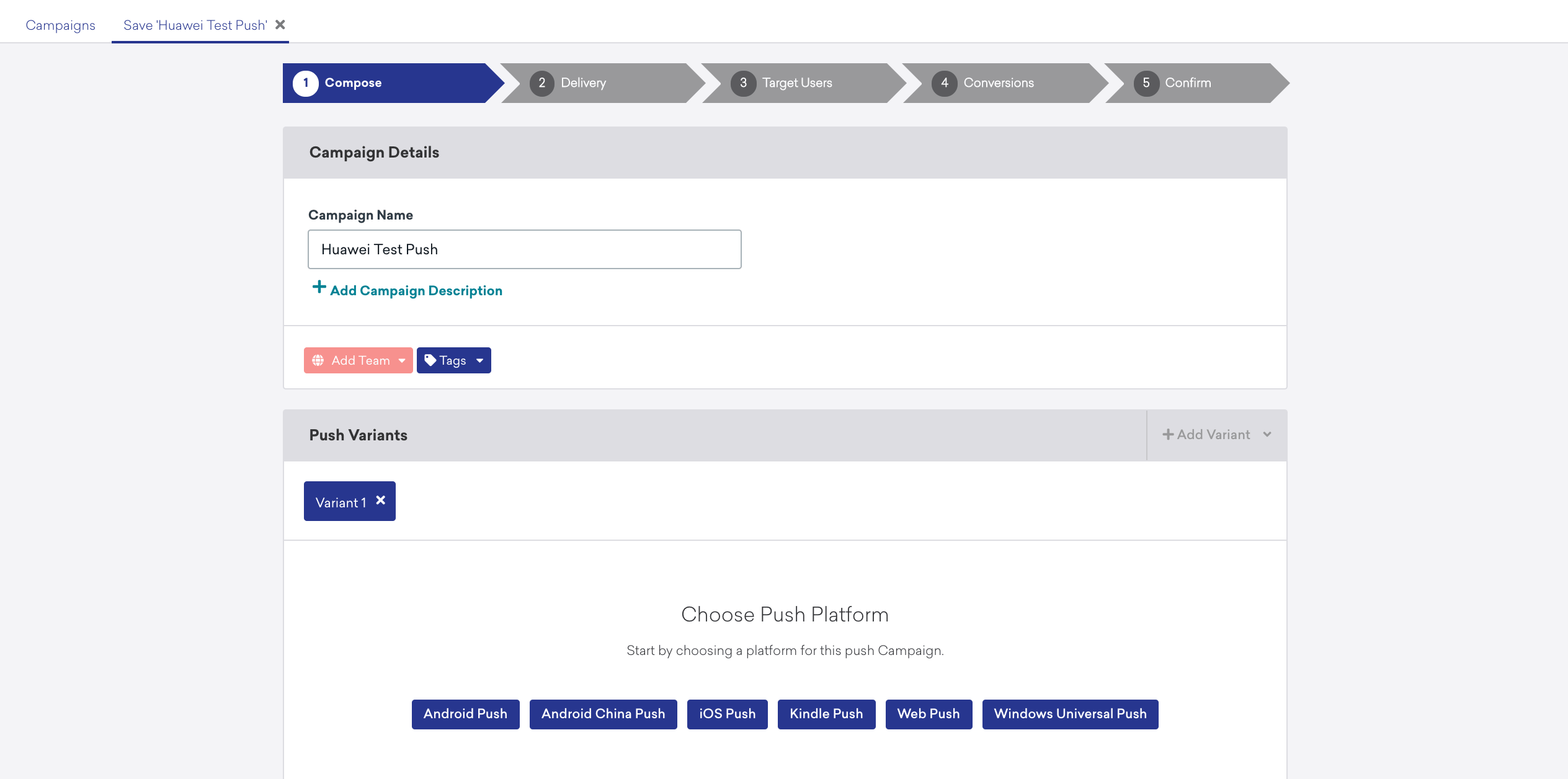 O criador da campanha exibe as plataformas de push disponíveis.