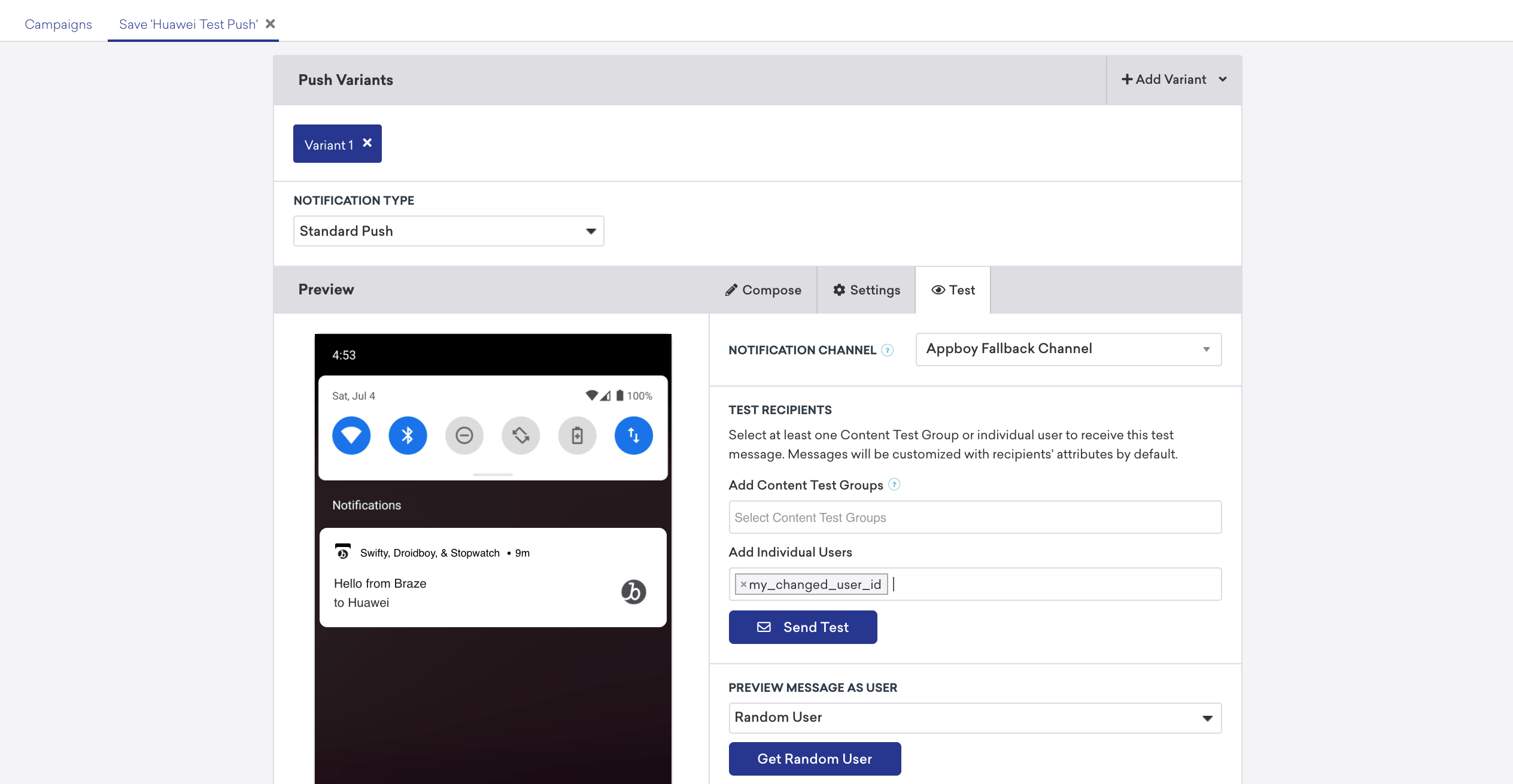 A guia Teste no criador de mensagens de campanha mostra que você pode enviar uma mensagem de teste para si mesmo, fornecendo seu ID de usuário e inserindo-o no campo "Add Individual Users" (Adicionar usuários individuais).