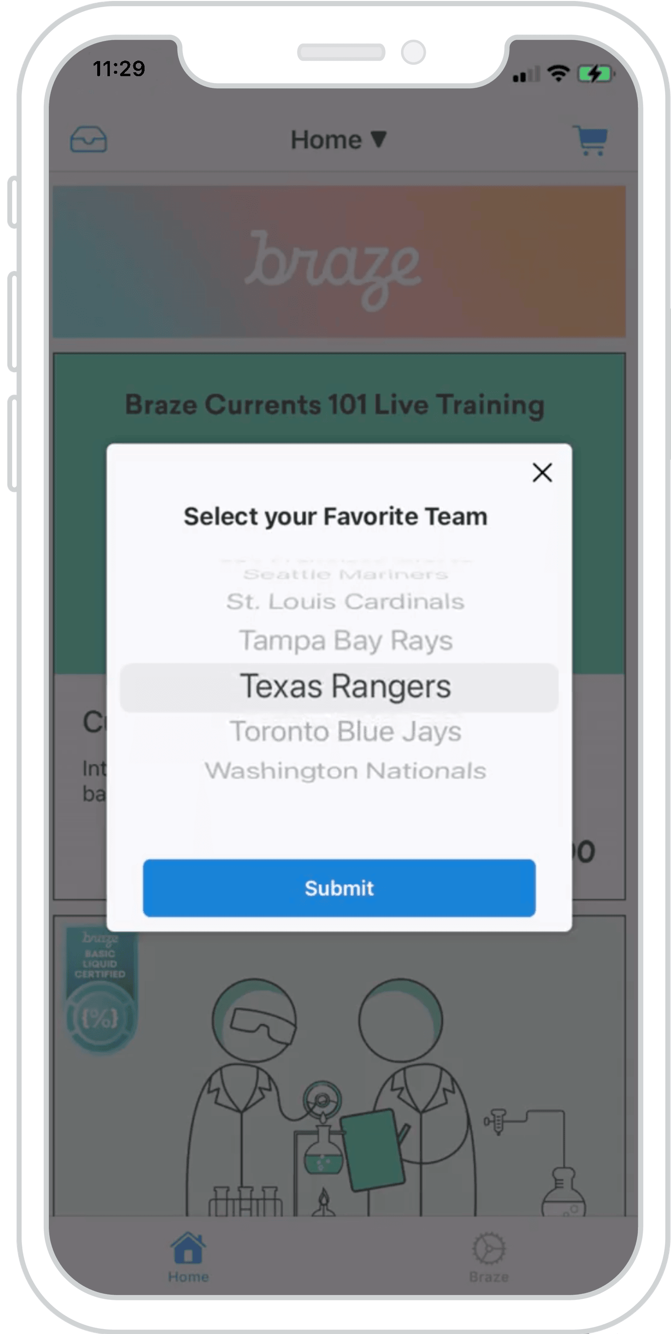 Um iPhone mostrando uma mensagem modal no app que permite percorrer uma lista de times esportivos e selecionar o seu favorito. Na parte inferior dessa mensagem no app, há um grande botão azul de envio.