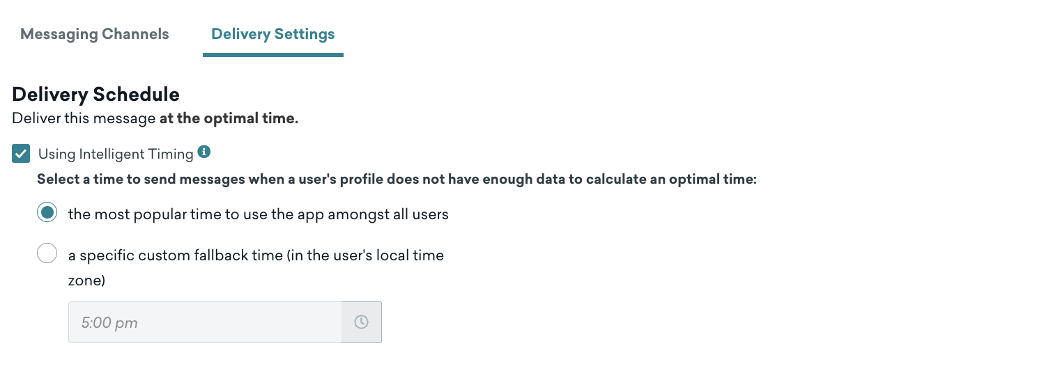 Configurações de envio de mensagens do Intelligent Timing para uma etapa de Mensagem.