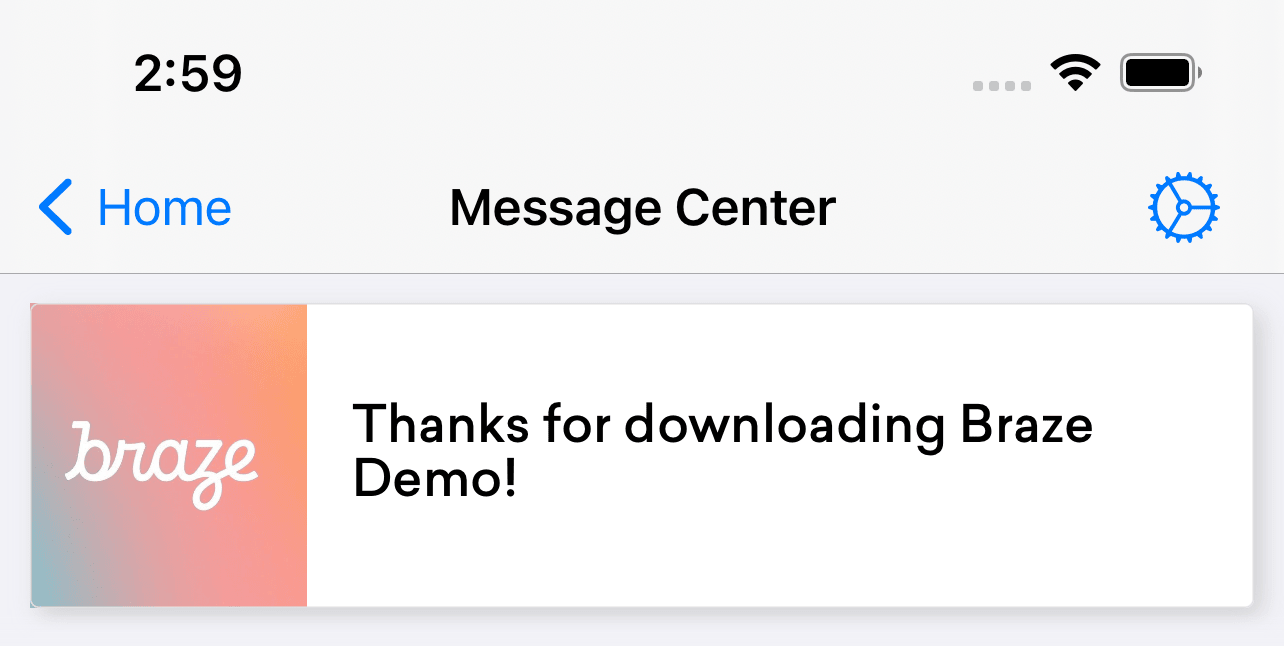 Um cartão de conteúdo de banner. Um cartão de conteúdo de banner mostra uma imagem à direita do banner com o texto "Obrigado por baixar o Braze Demo!".