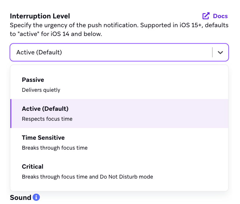 Menu suspenso para selecionar o nível de interrupção.