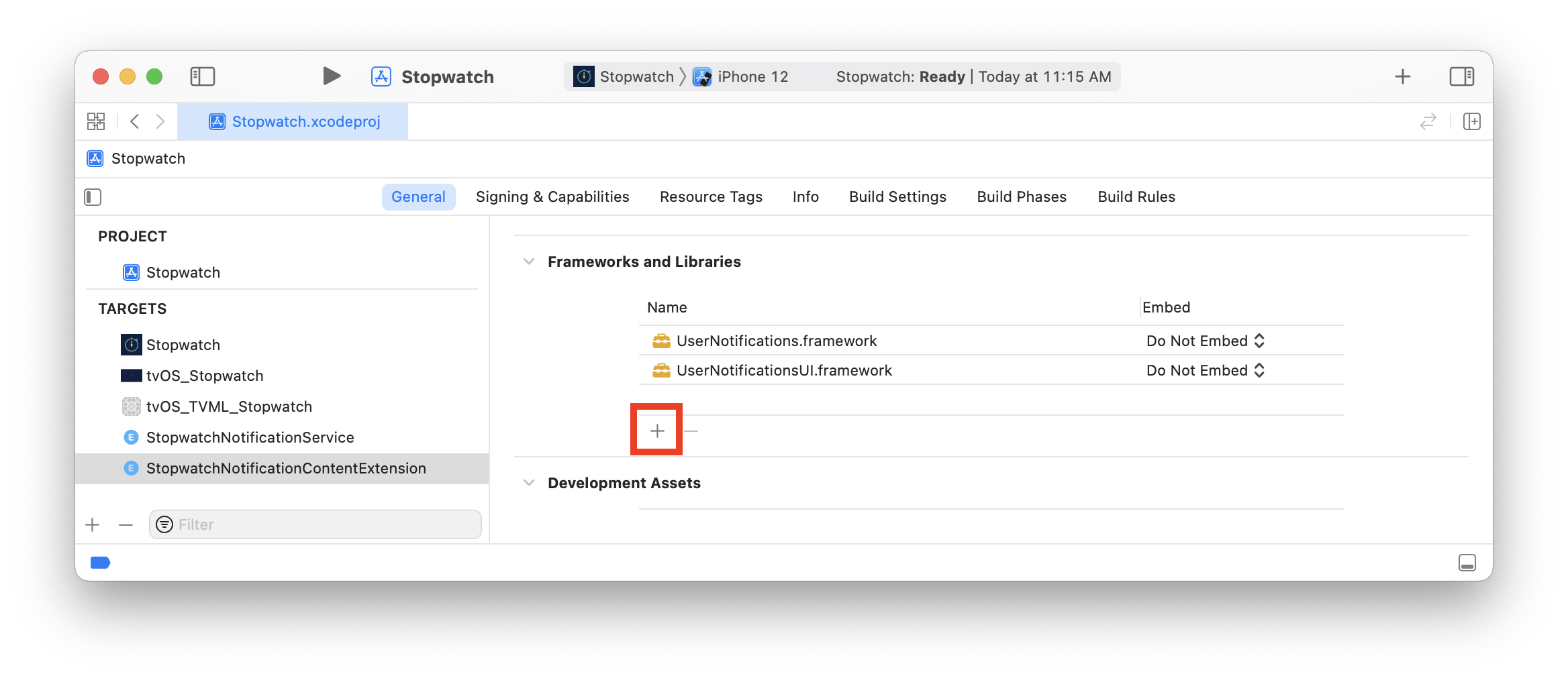 No Xcode, em estruturas e bibliotecas, selecione o ícone "+" para adicionar uma estrutura.