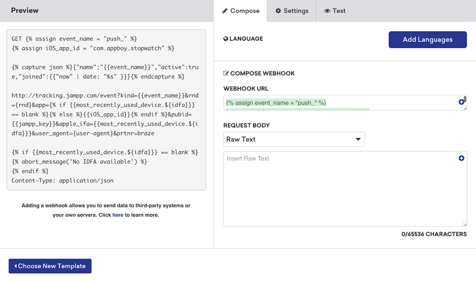 O URL do webhook e a prévia da mensagem mostrados no construtor de webhook da Braze.