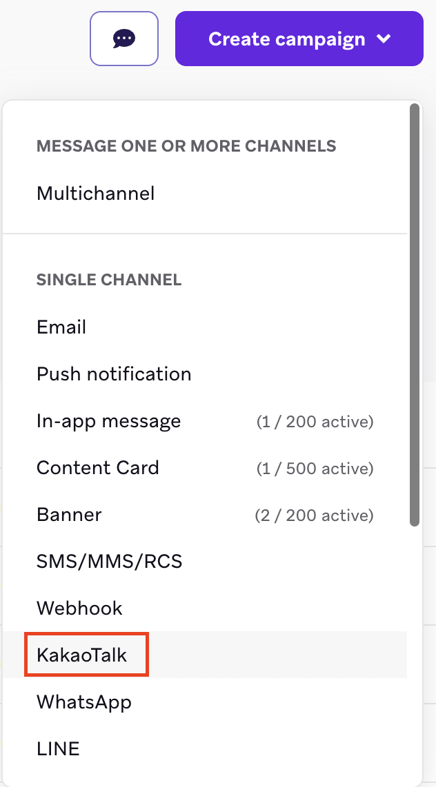 Painel com opções para selecionar o canal de envio de mensagens.