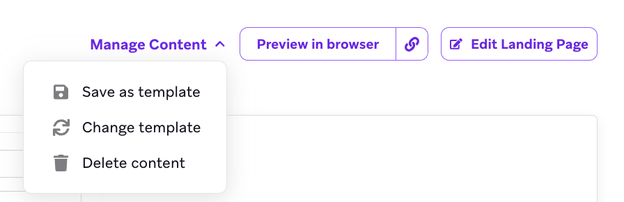 Um menu suspenso com opções para salvar, alterar e excluir uma página de destino.